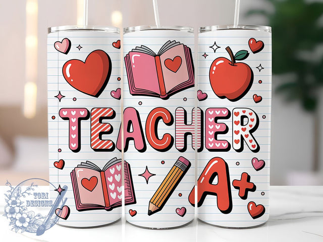 Cute Valentine Teacher Tumbler, Valentine's Day, School Theme, Sublimation Art, 20oz Tumbler, Cute Design, Love Style Sublimation ToriDesigns 