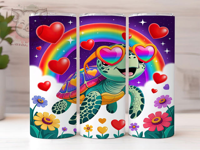 Cute Valentine Turtle Tumbler, Cute Animal Love Pattern, Romantic Wildlife Design, 20Oz Sublimation Wrap, Adorable Turtle Art, Heart Motif Texture, Tumbler Sublimation Sublimation Lara' s Designs 