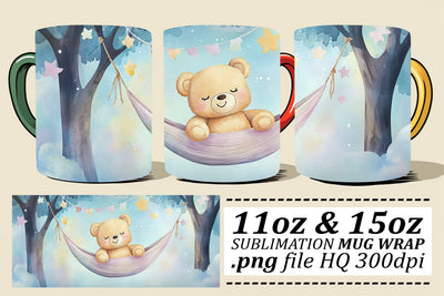 Cute Watercolor Bear Mug Wrap 11oz 15oz Sublimation afrosvg 