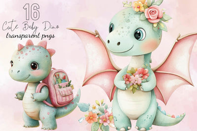 Cute Watercolor Dinosaur Clipart Bundle. Sublimation SVGArt 