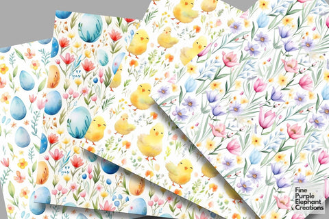 Cute Watercolor Easter Textures Digital Paper | Spring Pastel Eggs Digital Pattern Fine Purple Elephant Creations 