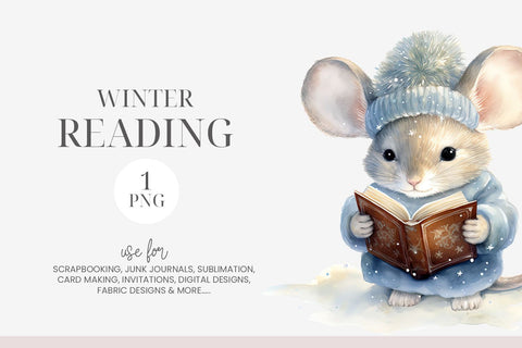 Cute Watercolor Mouse Reading Clipart Sublimation BijouBay 