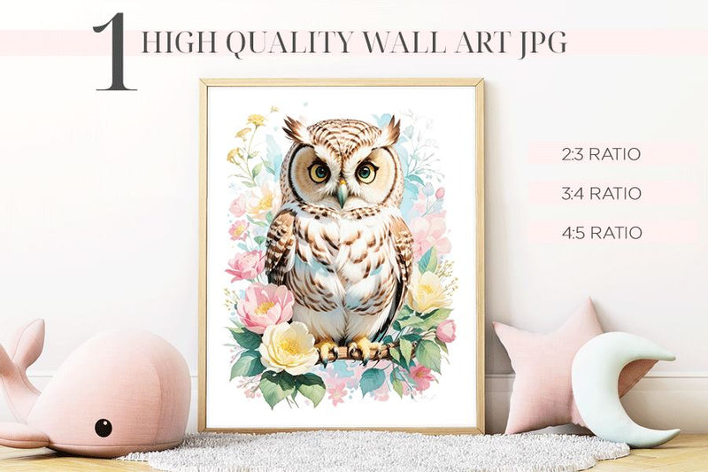 Cute Watercolor Owl Nursery Printable Wall Art JPG - 3 Sizes Sublimation BijouBay 