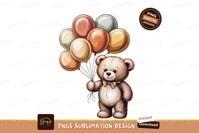 Cute Watercolor Teddy Bear With Balloons Sublimation Designangry 