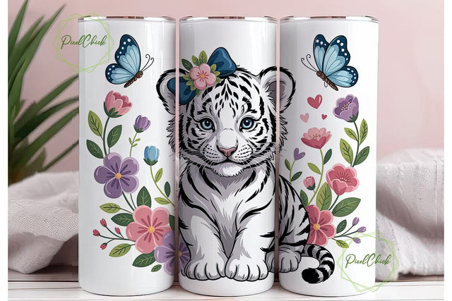 Cute White Tiger Cub 20oz Tumbler Wrap Sublimation PixelChick 