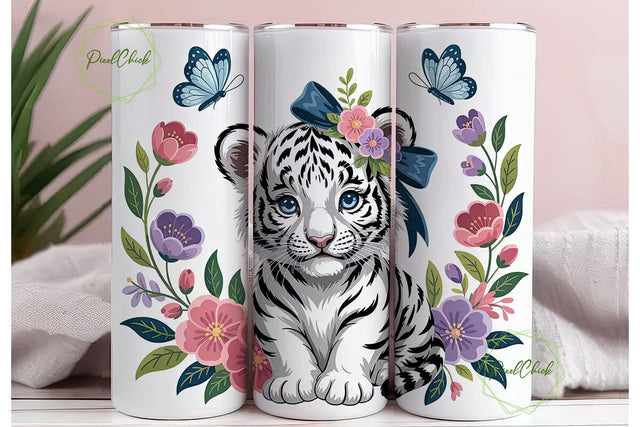 Cute White Tiger Cub 20oz Tumbler Wrap Sublimation PixelChick 