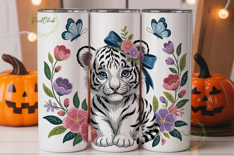 Cute White Tiger Cub 20oz Tumbler Wrap Sublimation PixelChick 
