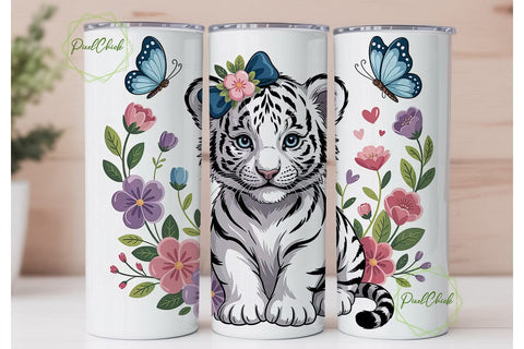 Cute White Tiger Cub 20oz Tumbler Wrap Sublimation PixelChick 
