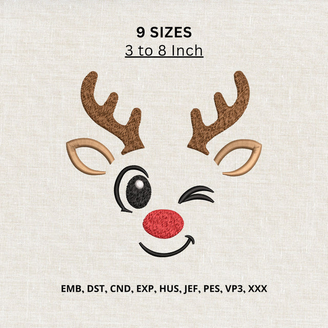Cute Winking Reindeer Face Machine Embroidery Design – Christmas Rudolph Embroidery File Embroidery/Applique DESIGNS PatternFeed8 