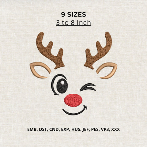 Cute Winking Reindeer Face Machine Embroidery Design – Christmas Rudolph Embroidery File Embroidery/Applique DESIGNS PatternFeed8 