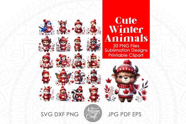 Cute Winter Animals | Maple Leaf | Canada Christmas Sublimation Artisan Craft SVG 