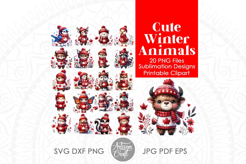 Cute Winter Animals | Maple Leaf | Canada Christmas Sublimation Artisan Craft SVG 