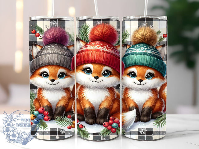 Cute Winter Fox, Pastel Pink Plaid, Christmas Tumbler, Holiday Design, Sublimation PNG, Festive Drinkware, Winter Decor, Adorable Holiday Gift Sublimation ToriDesigns 