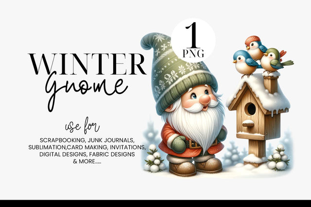 Cute Winter Gnome with Birds Clipart PNG Sublimation BijouBay 