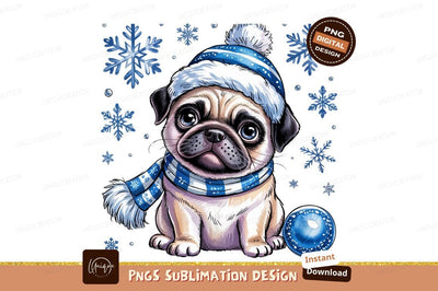 Cute Winter Pug Puppy Watercolor Illustration Sublimation Designangry 