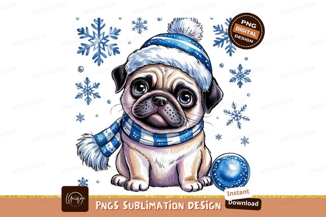Cute Winter Pug Puppy Watercolor Illustration Sublimation Designangry 