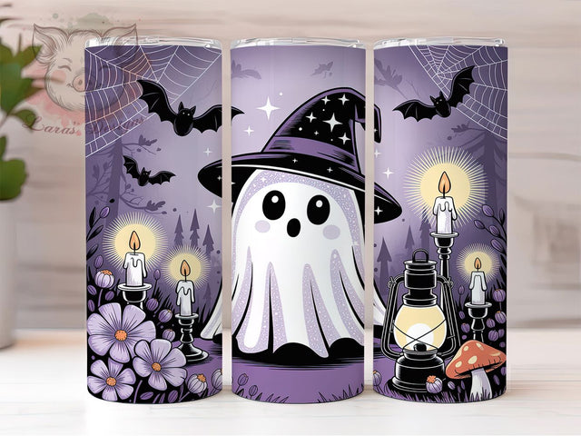 Cute Witch Hat Ghost Halloween Tumbler Wrap, Witch Hat PNG, Halloween Candle Design, Bat And Spiderweb Cup, 20OZ Sublimation Wrap, Spooky Season Tumbler, Kawaii Halloween PNG Sublimation Lara' s Designs 