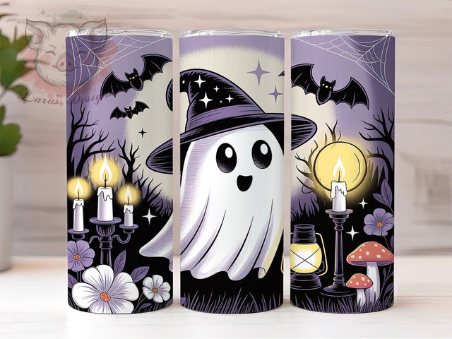 Cute Witch Hat Ghost Halloween Tumbler Wrap, Witch Hat PNG, Halloween Candle Design, Bat And Spiderweb Cup, 20OZ Sublimation Wrap, Spooky Season Tumbler, Kawaii Halloween PNG Sublimation Lara' s Designs 