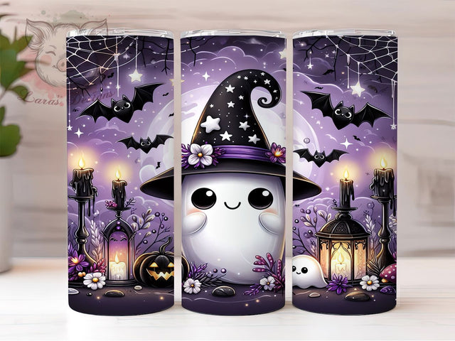 Cute Witch Hat Ghost Halloween Tumbler Wrap, Witch Hat PNG, Halloween Candle Design, Bat And Spiderweb Cup, 20OZ Sublimation Wrap, Spooky Season Tumbler, Kawaii Halloween PNG Sublimation Lara' s Designs 