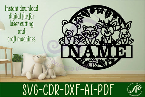 cute Woodland animals name sign svg laser cut template SVG APInspireddesigns 