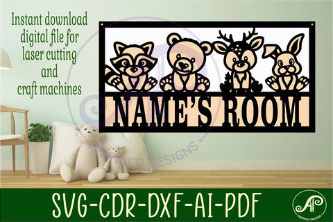 Cute woodland animals scene name sign SVG 3 layer laser cut SVG APInspireddesigns 