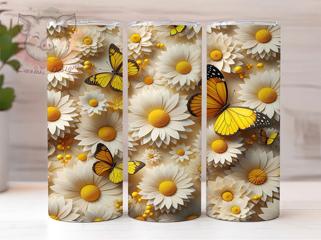 Cute Yellow Butterfly Floral Tumbler Wrap, 3D Butterfly Floral Sublimation, 20Oz Tumbler Wrap, Yellow Butterfly Drinkware, Floral Butterfly Cup Wrap, Garden Butterfly Tumbler Sublimation Lara' s Designs 