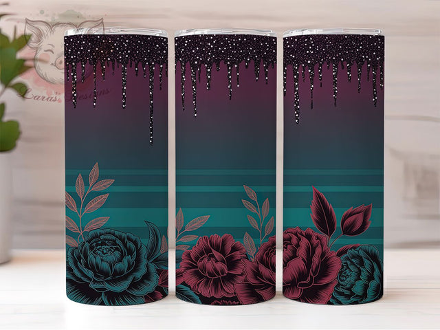 Cyan Pink Roses 20oz Tumbler, Pink Rose, Glitter Print, Floral Tumbler, 20oz Sublimation, PNG Design, Elegant Gift Sublimation Lara' s Designs 