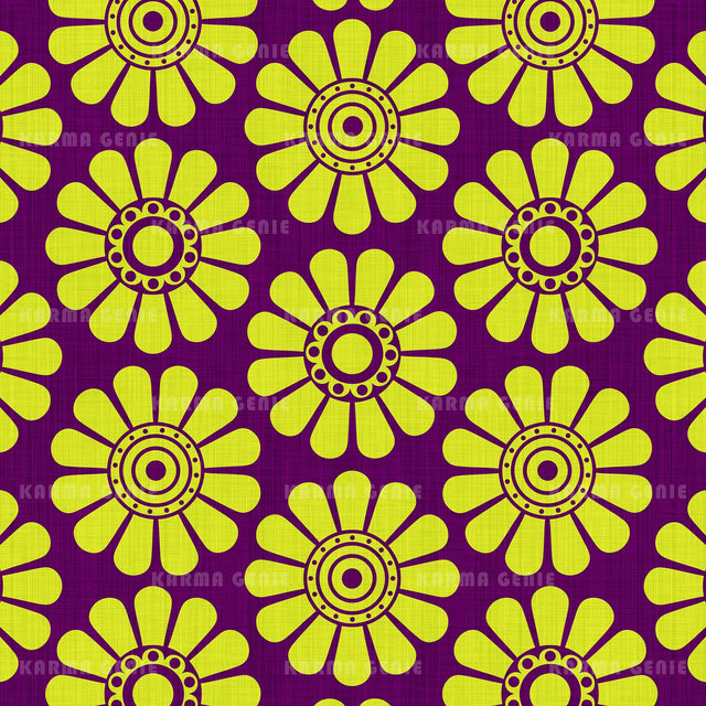 Cyber Lime Green Flowers On Purple Pattern Digital Paper With Fabric Texture Digital Pattern Karma Genie Graphics 