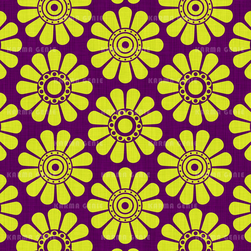 Cyber Lime Green Flowers On Purple Pattern Digital Paper With Fabric Texture Digital Pattern Karma Genie Graphics 