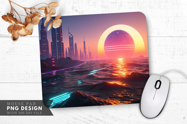Cybernetic Sunset Over a Binary Ocean Mouse Pad Sublimation Regulrcrative 