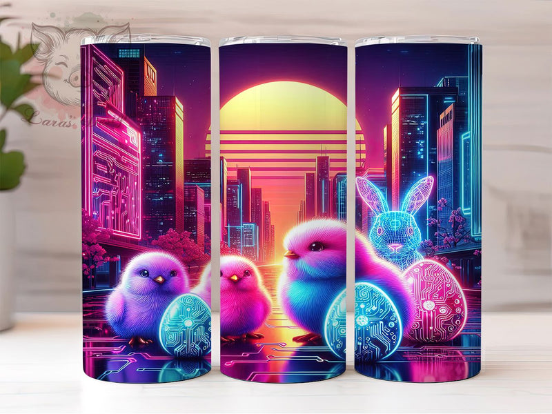Cyberpunk Neon Easter Bunny Tumbler, Neon Bunny Tumbler, Glowing Chicken Wrap, Futuristic Easter Wrap, Stylish 20oz Wrap, Sublimation Design, Trendy Gift Idea Sublimation Lara' s Designs 