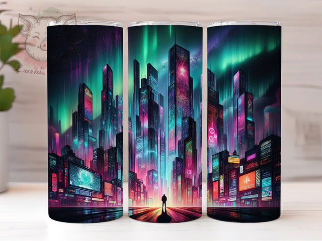 Cyberpunk Northern Lights Tumbler, Neon Sci-Fi Tumbler, Cityscape 20oz Wrap, Sublimation Design, Futuristic Gift Idea, Aurora Borealis Wrap, Cyberpunk City Tumbler Sublimation Lara' s Designs 