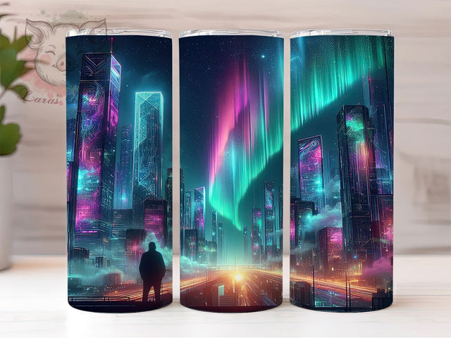 Cyberpunk Northern Lights Tumbler, Neon Sci-Fi Tumbler, Cityscape 20oz Wrap, Sublimation Design, Futuristic Gift Idea, Aurora Borealis Wrap, Cyberpunk City Tumbler Sublimation Lara' s Designs 