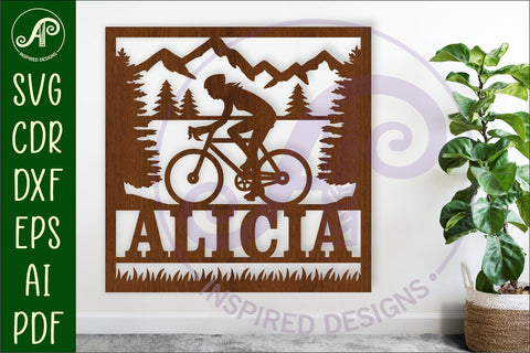 Cycling female Name sign svg laser cut template SVG APInspireddesigns 