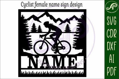 Cycling female Name sign svg laser cut template SVG APInspireddesigns 