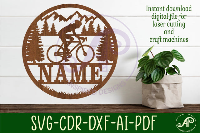 Cyclist female Name sign svg laser cut template cycling SVG APInspireddesigns 