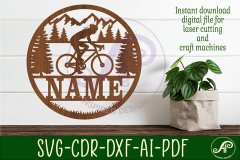 Cyclist female Name sign svg laser cut template cycling SVG APInspireddesigns 
