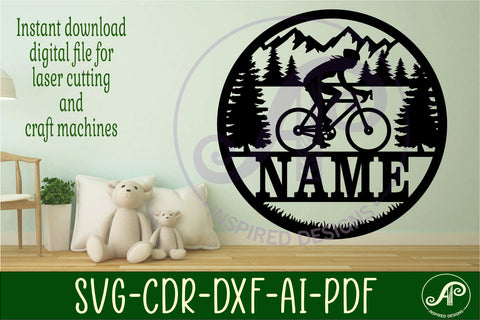 Cyclist female Name sign svg laser cut template cycling SVG APInspireddesigns 