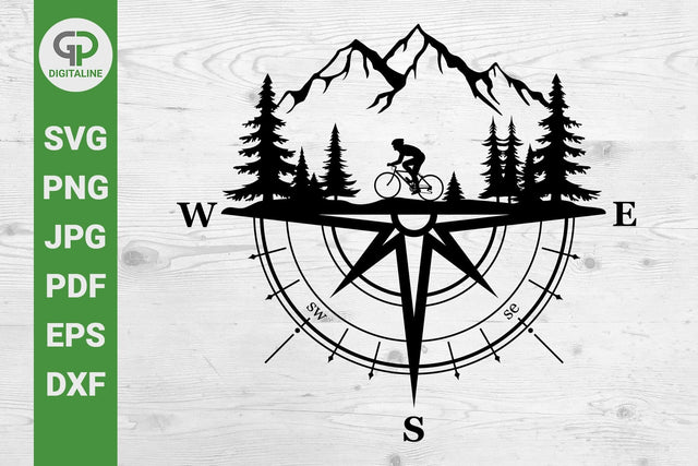 Cyclist in the Forest with Compass SVG, Cycling SVG, Riding Bike SVG, Cycler SVG, Woods SVG, Mountain SVG, Pine Trees SVG, Bicycle SVG, Traveling SVG, Adventure SVG, Nature SVG, Outdoor SVG, Sport SVG, Recreation SVG, Wilderness SVG SVG GPDigitaline 