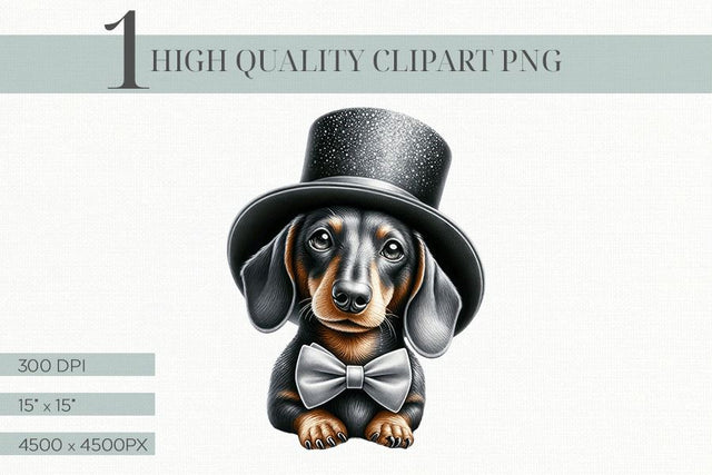 Dachshund Dog with Top Hat Digital Print, Cute Animal PNG Sublimation BijouBay 