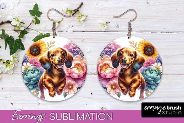 Dachshund Earrings - Dog Mom Floral Round Earring Sublimation Sublimation OrangeBrushStudio 