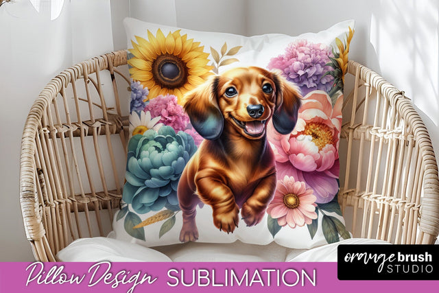 Dachshund Pillow Cover - Dog Mom Floral Pillow Sublimation Sublimation OrangeBrushStudio 