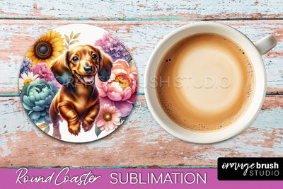 Dachshund Round Coaster - Dog Mom Floral Coaster Sublimation Sublimation OrangeBrushStudio 