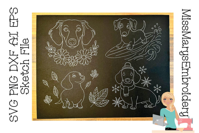Dachshund Seasons Foil Quill | Single Line | Sketch Sketch DESIGN MissMarysEmbroidery 