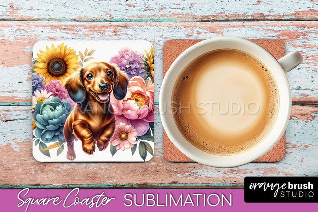 Dachshund Square Coaster - Dog Mom Floral Coaster Sublimation Sublimation OrangeBrushStudio 