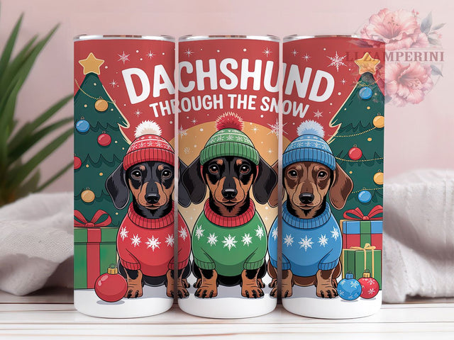 Dachshund Through The Snow Tumbler, Christmas Dog Sublimation Design, Festive Holiday Pup Cup Art, 20oz Xmas Tumbler, Whimsical Dachshund Mug, Stylish Christmas Cup, Cozy Dog Wrap Sublimation Li Zamperini 