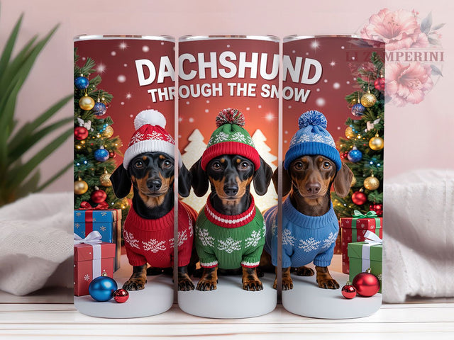 Dachshund Through The Snow Tumbler, Christmas Dog Sublimation Design, Festive Holiday Pup Cup Art, 20oz Xmas Tumbler, Whimsical Dachshund Mug, Stylish Christmas Cup, Cozy Dog Wrap Sublimation Li Zamperini 