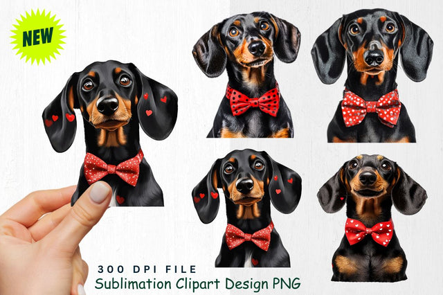 Dachshund with Bow Tie and Heart Confetti Clipart Sublimation Regulrcrative 