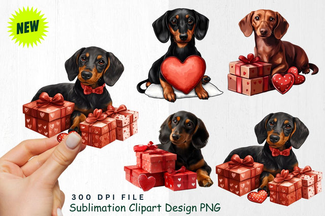 Dachshund with Valentine's Gift Boxes Clipart Sublimation Regulrcrative 