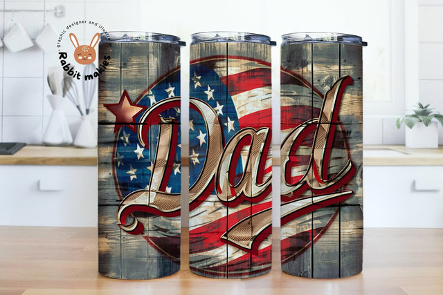 Dad 20 oz Skinny Tumbler Sublimation, Distressed Wood Tumbler Designs, Retro Design American Flag Sublimation Rabbitmakies 
